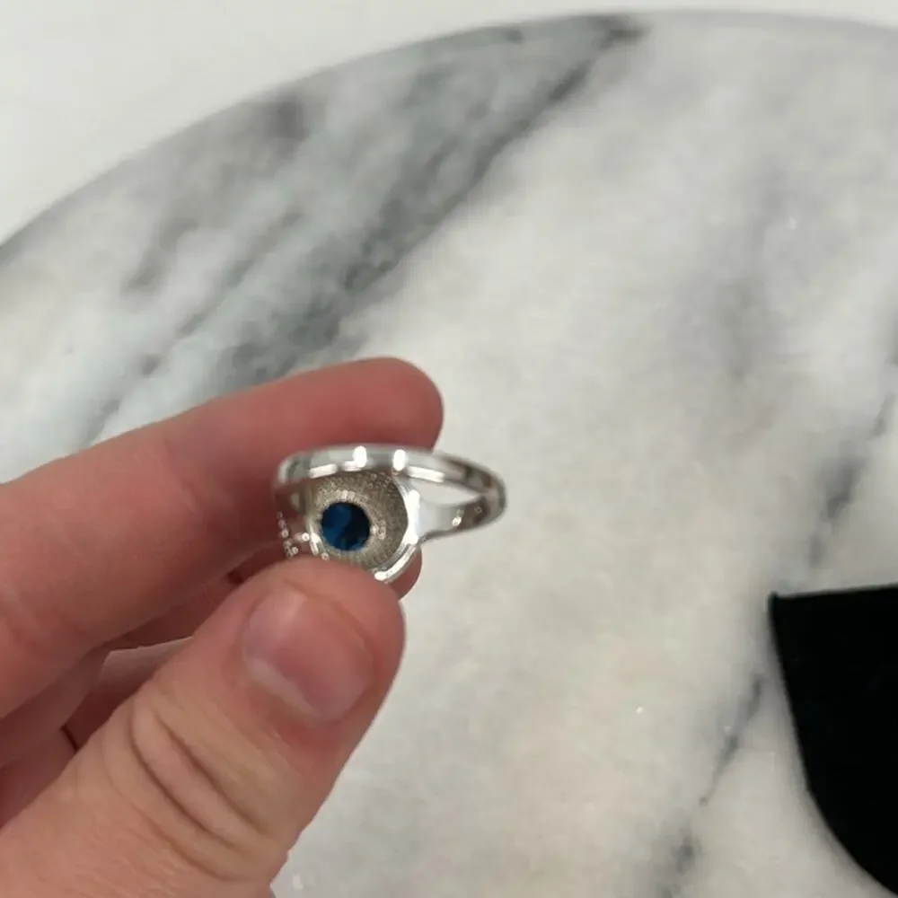 Silver plated blue glass domed halo encrusted ring size 6.5